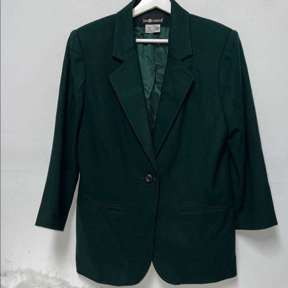 Sag Harbor vintage 100% Wool Green Notch Collar Button  Blazer Coat Jacket 10